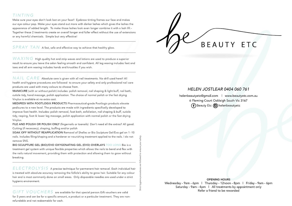 Beauty Etc. | beauty salon | 6 Fleming Ct, Oakleigh South VIC 3167, Australia | 0404060761 OR +61 404 060 761