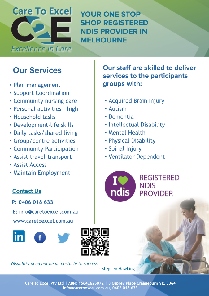Care to Excel Nursing and Disability Services | point of interest | 8 Osprey Pl, Craigieburn VIC 3064, Australia | 0406018633 OR +61 406 018 633