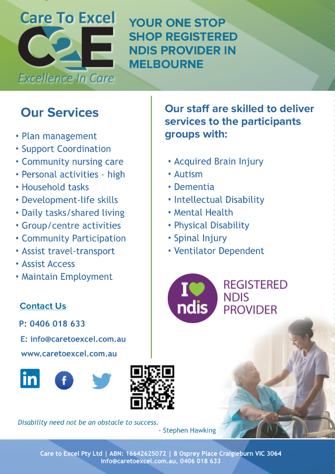 Care to Excel Nursing and Disability Services | 8 Osprey Pl, Craigieburn VIC 3064, Australia | Phone: 0406 018 633