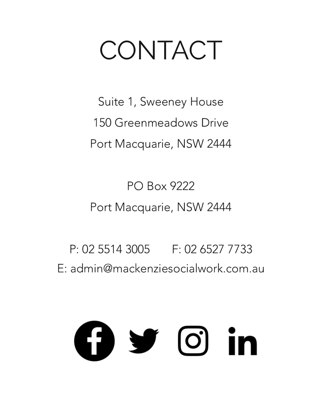 Mackenzie Social Work Services | health | 150 Greenmeadows Dr, Port Macquarie NSW 2444, Australia | 0255143005 OR +61 2 5514 3005