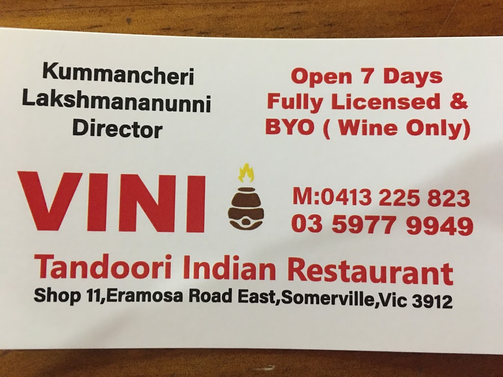 Vini Tandoori Indian Restaurant | restaurant | 11 Eramosa Rd E, Somerville VIC 3912, Australia | 0359779949 OR +61 3 5977 9949