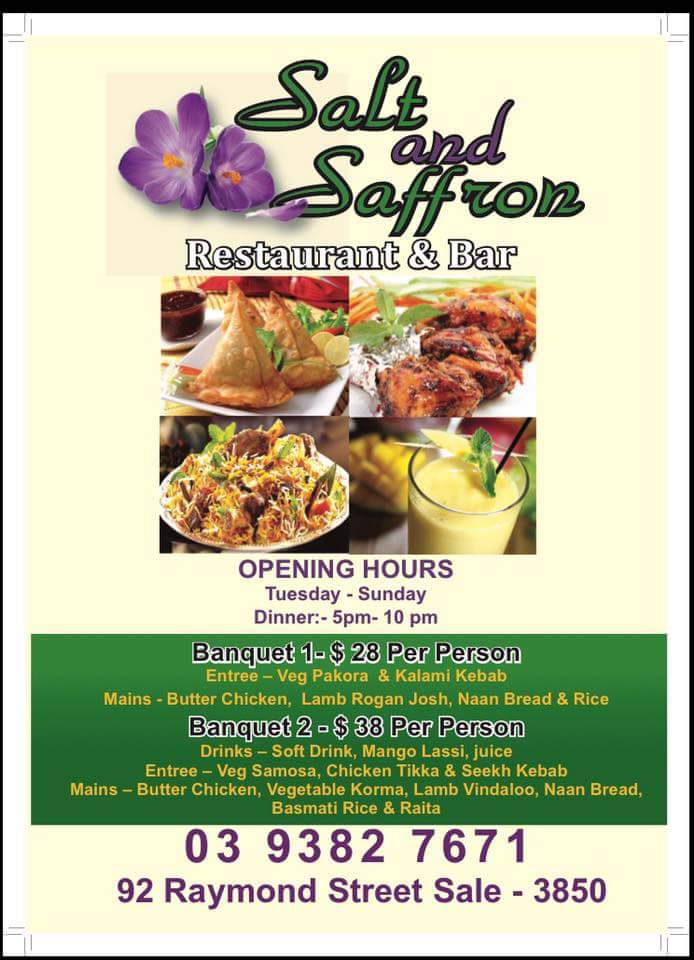 Salt and saffron | restaurant | 92 Raymond St, Sale VIC 3850, Australia | 0351828660 OR +61 3 5182 8660