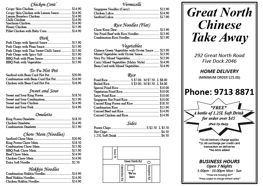 Great North Chinese Take Away | meal takeaway | 292 Great N Rd, Abbotsford NSW 2046, Australia | 0297138871 OR +61 2 9713 8871