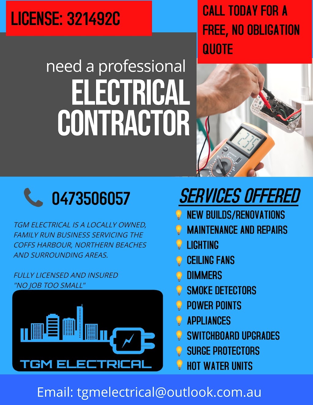 TGM Electrical | electrician | 6 Carabeen Cl, Woolgoolga NSW 2456, Australia | 0473506057 OR +61 473 506 057