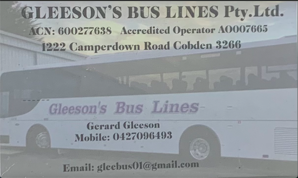 Gleesons Bus Lines Pty. Ltd. |  | 1222 Camperdown-Cobden Rd, Cobden VIC 3266, Australia | 0427096493 OR +61 427 096 493