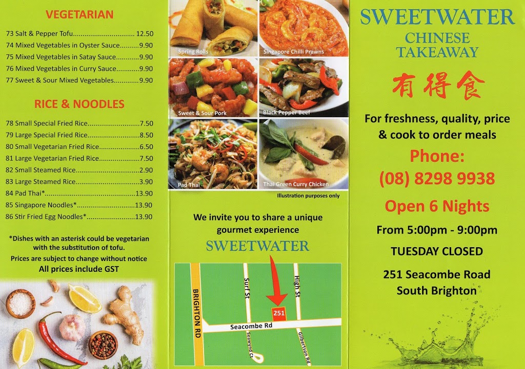 Sweetwater Chinese Takeaway | meal takeaway | 251 Seacombe Rd, South Brighton SA 5048, Australia | 0882989938 OR +61 8 8298 9938