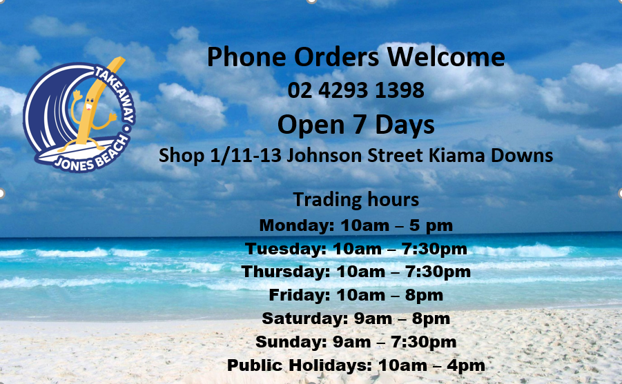 Jones Beach Takeaway | meal takeaway | Shop 1/11-13 Johnson St, Kiama Downs NSW 2533, Australia | 0242931398 OR +61 2 4293 1398