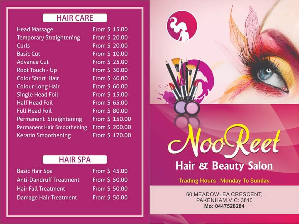 NooReet Hair and Beauty Salon | hair care | 60 Meadowlea Cres, Pakenham VIC 3810, Australia | 0447528284 OR +61 447 528 284