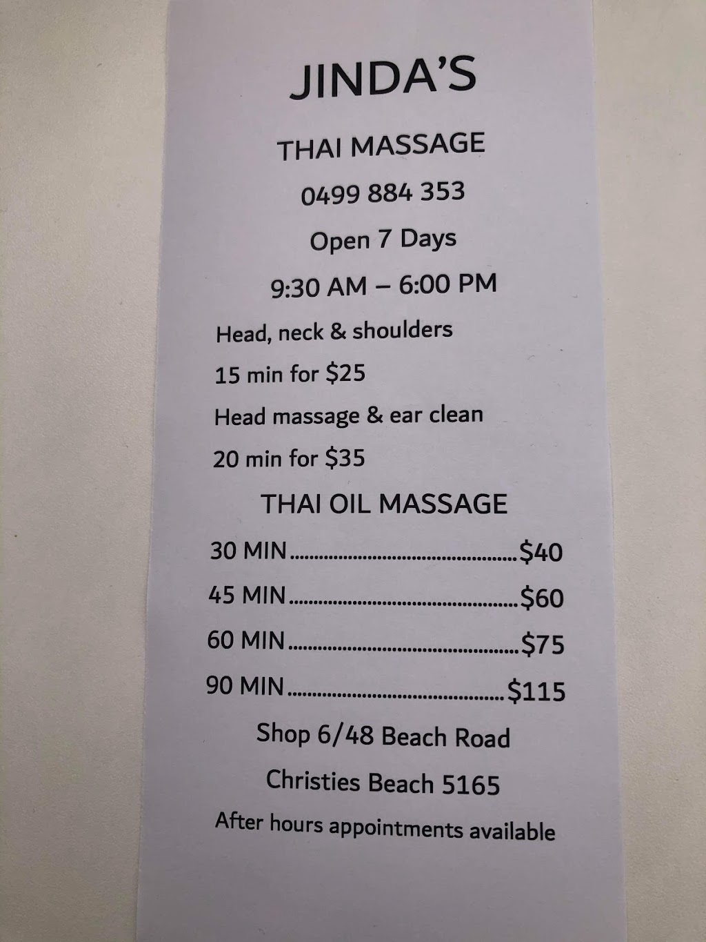 Jindas Thai Massage |  | 6/48 Beach Rd, Christies Beach SA 5165, Australia | 0499884353 OR +61 499 884 353