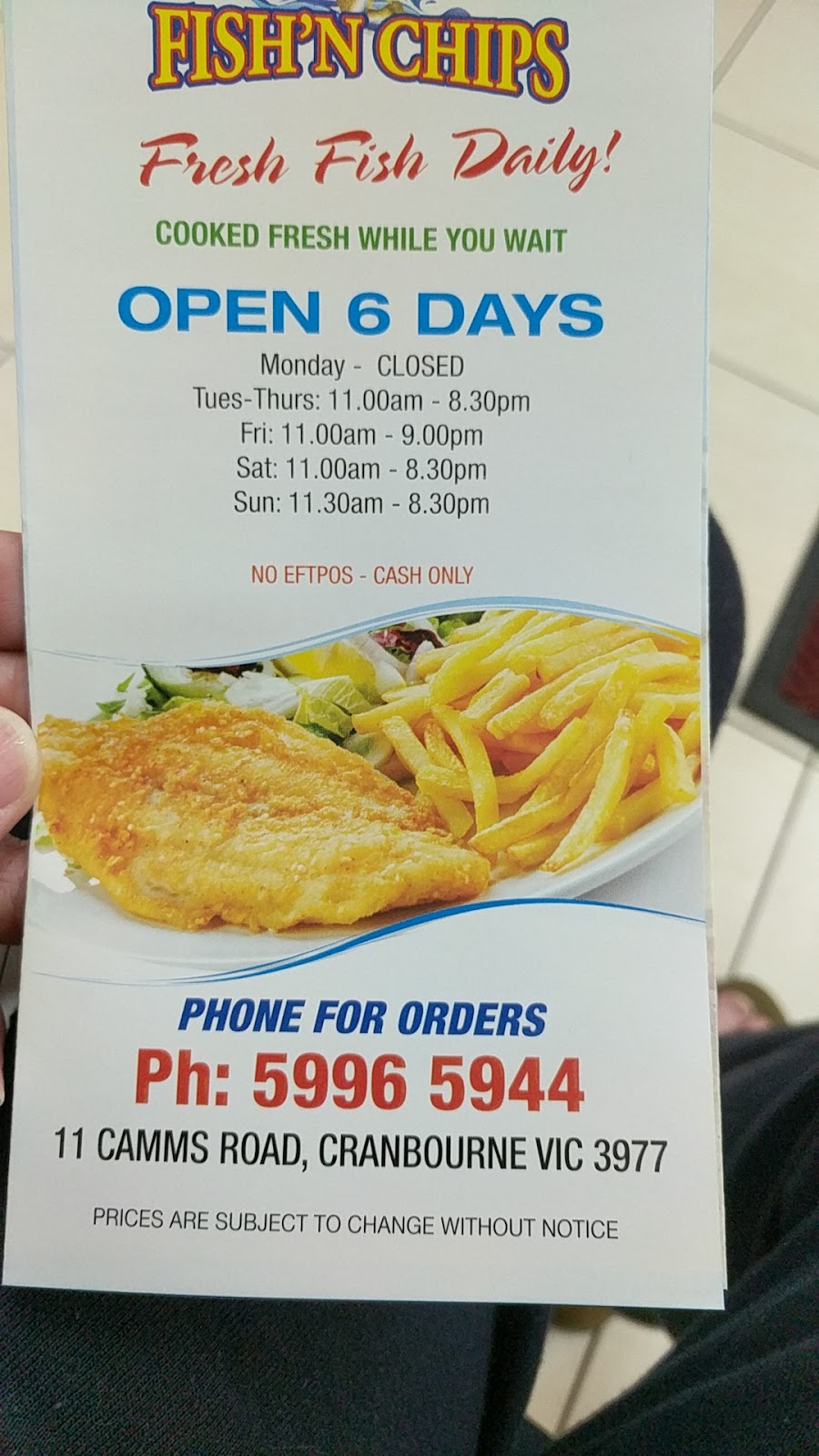 Camms Rd Fish & Chips | meal takeaway | 11 Camms Rd, Cranbourne VIC 3977, Australia | 0359965944 OR +61 3 5996 5944