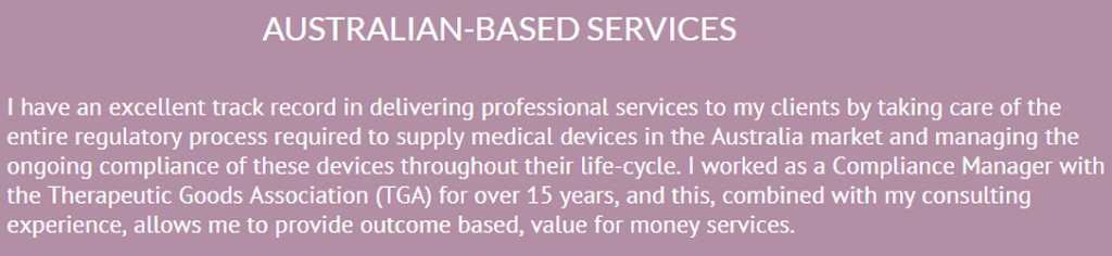 Vicki Partridge Pty Ltd Medical Device Consultant | 3 Berbet St, OMalley ACT 2606, Australia | Phone: (02) 6108 3062