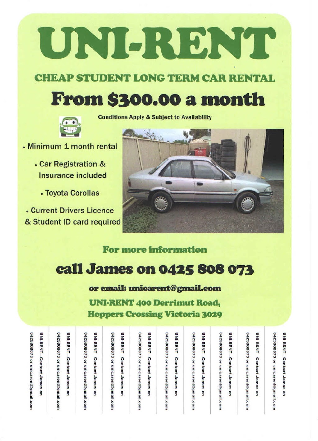 UNI-CAR RENT | 400 Derrimut Rd Service Rd, Hoppers Crossing VIC 3029, Australia | Phone: 0425 808 073