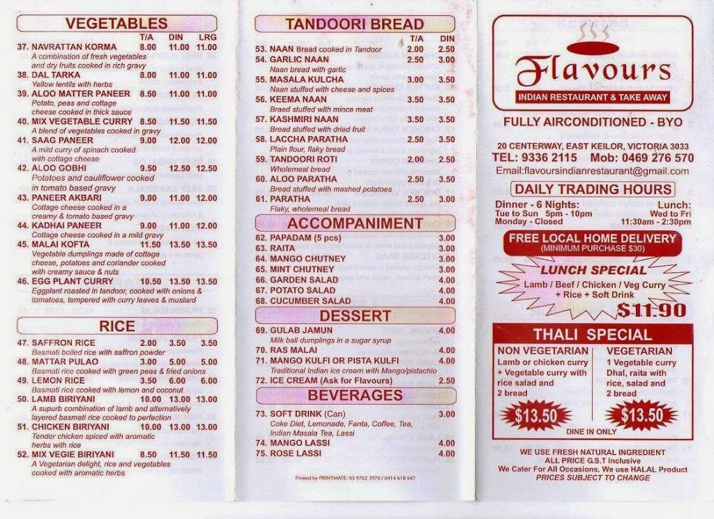 Flavours Indian Restaurant | 20 Centreway, Keilor East VIC 3033, Australia | Phone: (03) 9336 2115