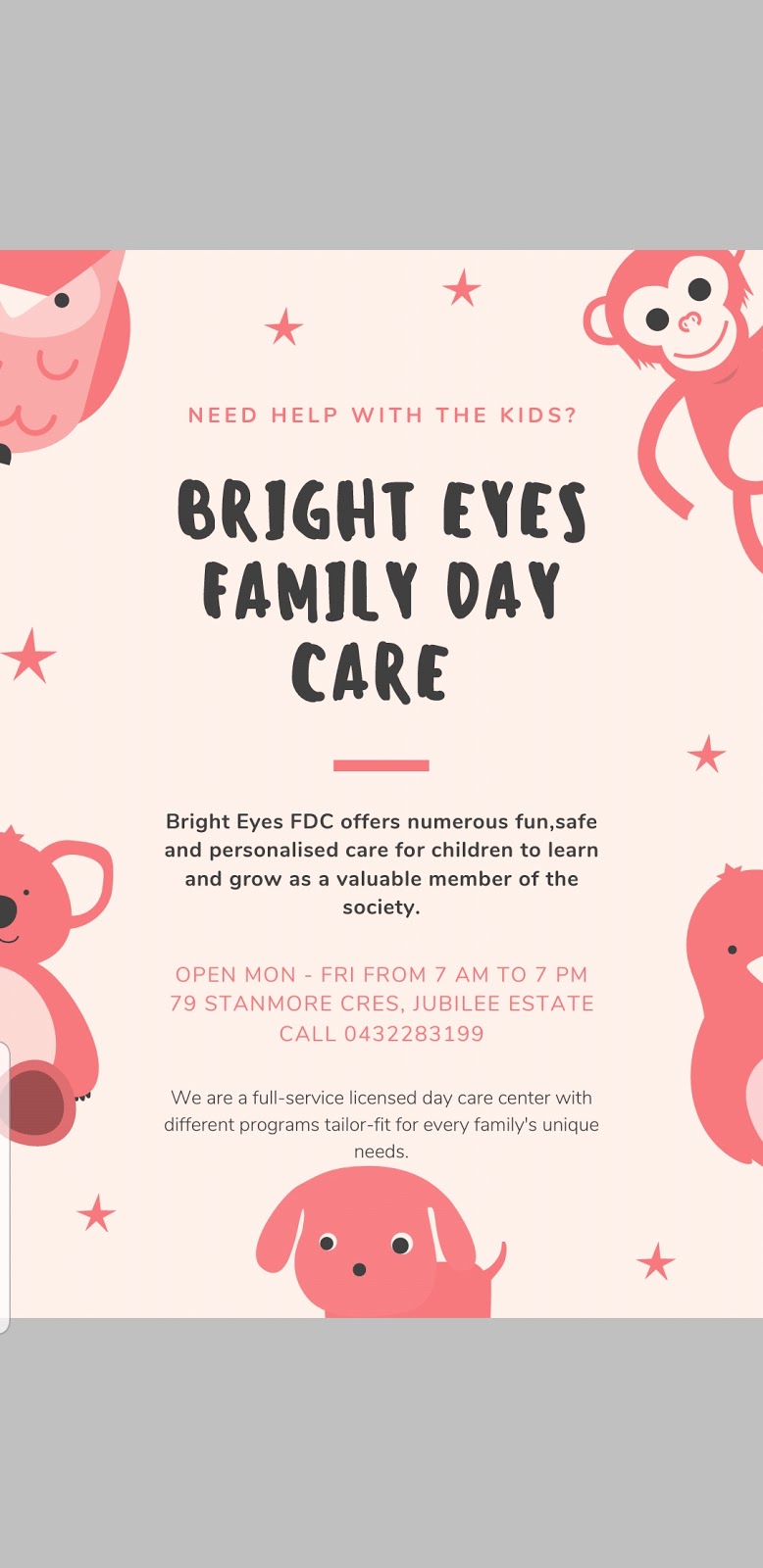 Bright Eyes Family Day Care |  | 79 Stanmore Cres, Wyndham Vale VIC 3024, Australia | 0432283199 OR +61 432 283 199