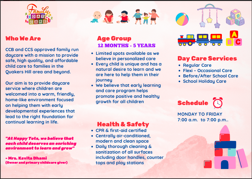 Happy Tots Family Day Care |  | 57 Camilleri Ave, Quakers Hill NSW 2763, Australia | 0481311345 OR +61 481 311 345