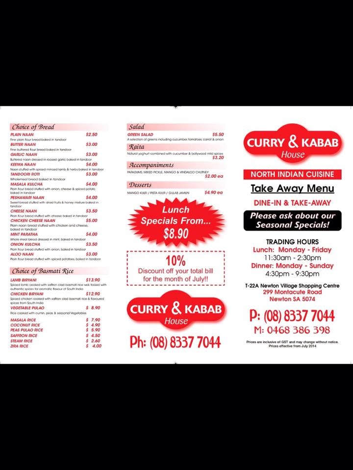 Curry & Kabab House | restaurant | 299 Montacute Rd, Newton SA 5074, Australia | 0883377044 OR +61 8 8337 7044