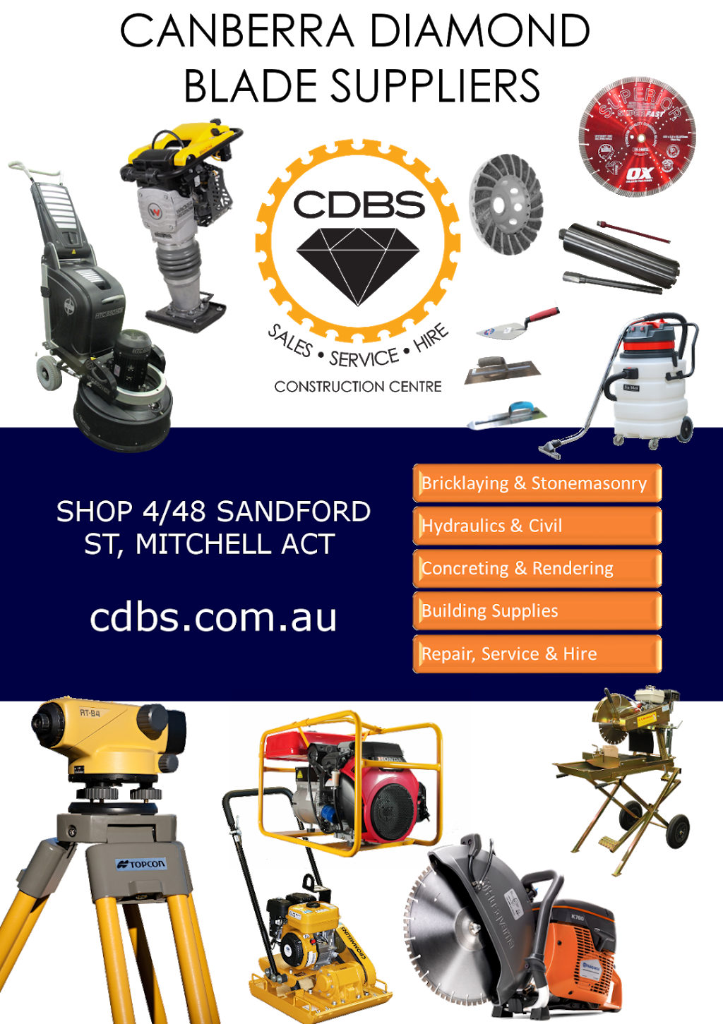 Canberra Diamond Blade Suppliers (CDBS Construction Centre) | store | u4/48 Sandford St, Mitchell ACT 2911, Australia | 0262428996 OR +61 2 6242 8996