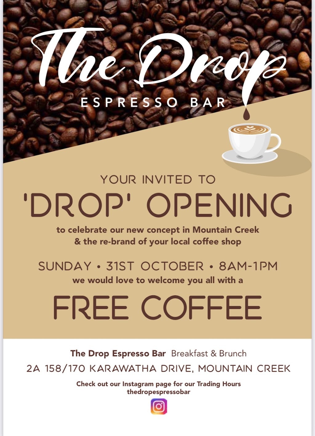 The Drop Espresso Bar | 2A/158-170 Karawatha Dr, Buderim QLD 4556, Australia | Phone: 0481 254 700