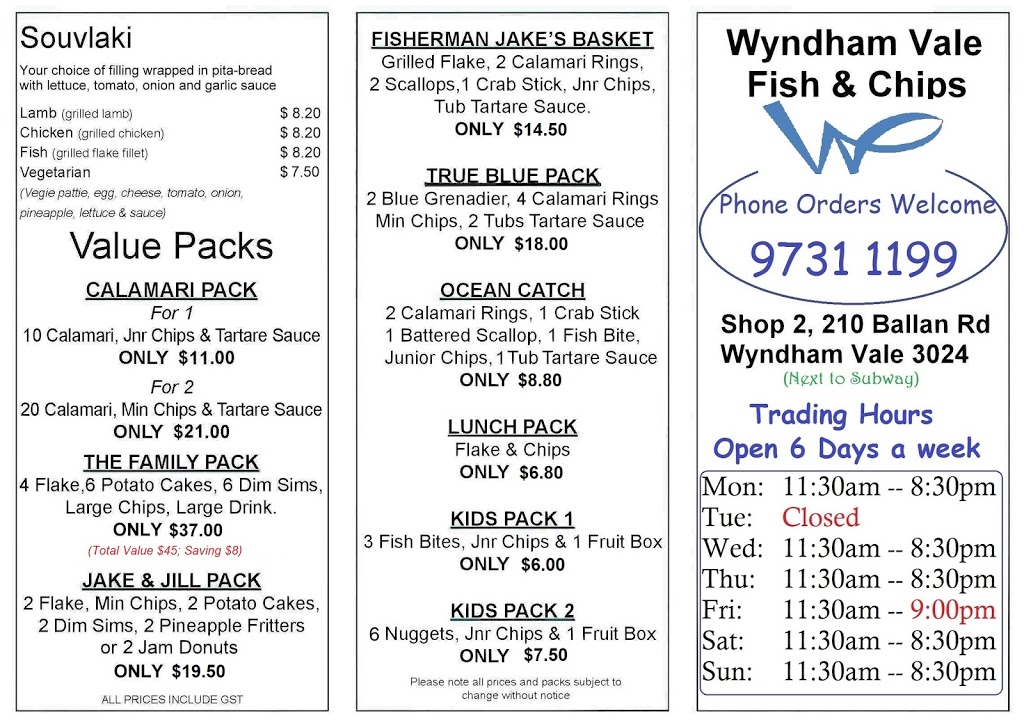Wyndham Vale Fish and Chips | restaurant | Shop2/210 Ballan Rd, Wyndham Vale VIC 3024, Australia | 0397311199 OR +61 3 9731 1199