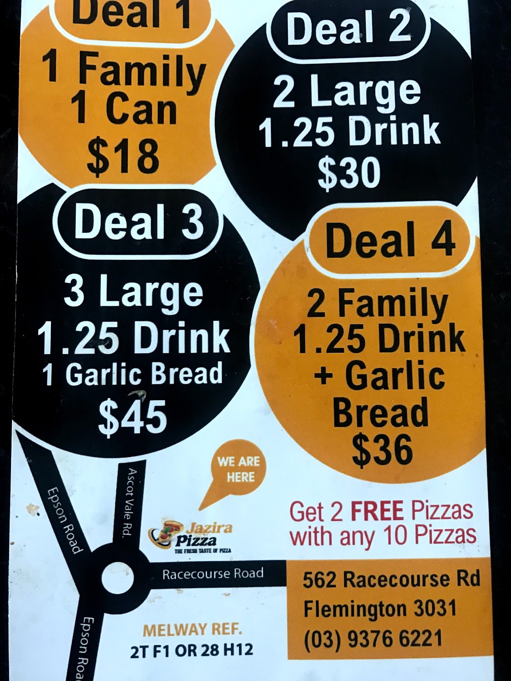 Jazira Pizza | meal takeaway | 562 Racecourse Rd, Flemington VIC 3031, Australia | 0393766221 OR +61 3 9376 6221