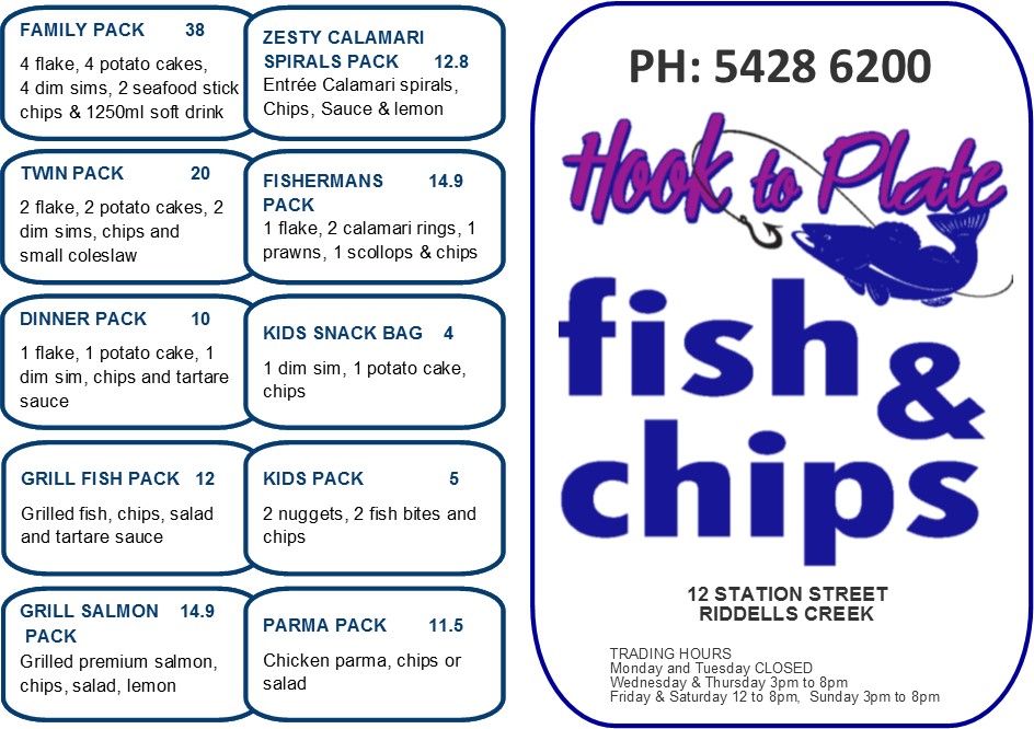 Hook to Plate Fish and Chips | restaurant | 10-12 Station St, Riddells Creek VIC 3431, Australia | 0354286200 OR +61 3 5428 6200