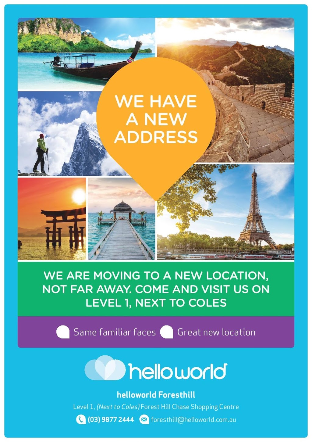 Helloworld, FOREST HILL | Level 1 NEXT TO COLES Forest Hill Chase Shopping Centre 228/, 260/270 Canterbury Road, Forest Hill VIC 3131, Australia | Phone: (03) 9877 2444