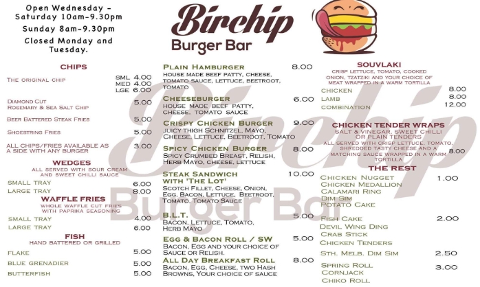 Birchip Burger Bar | restaurant | 65 Cumming Ave, Birchip VIC 3483, Australia | 0354922258 OR +61 3 5492 2258