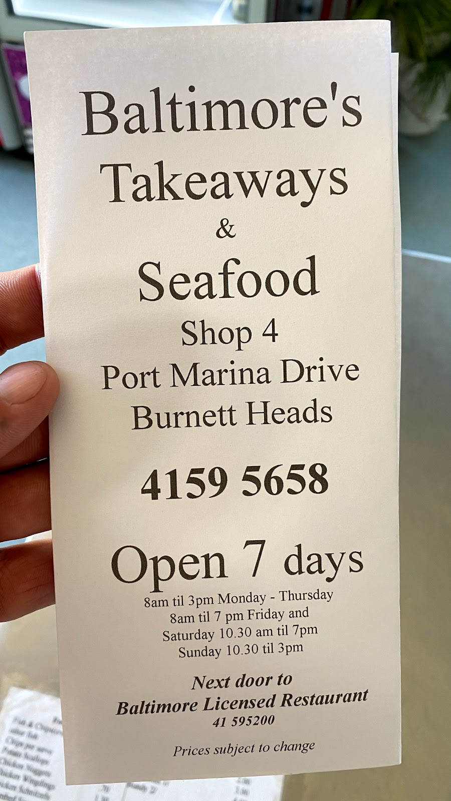 Baltimore’s Seafood and Takeaway | restaurant | Shop 4 Port, Marina Dr, Burnett Heads QLD 4670, Australia | 0741595658 OR +61 7 4159 5658