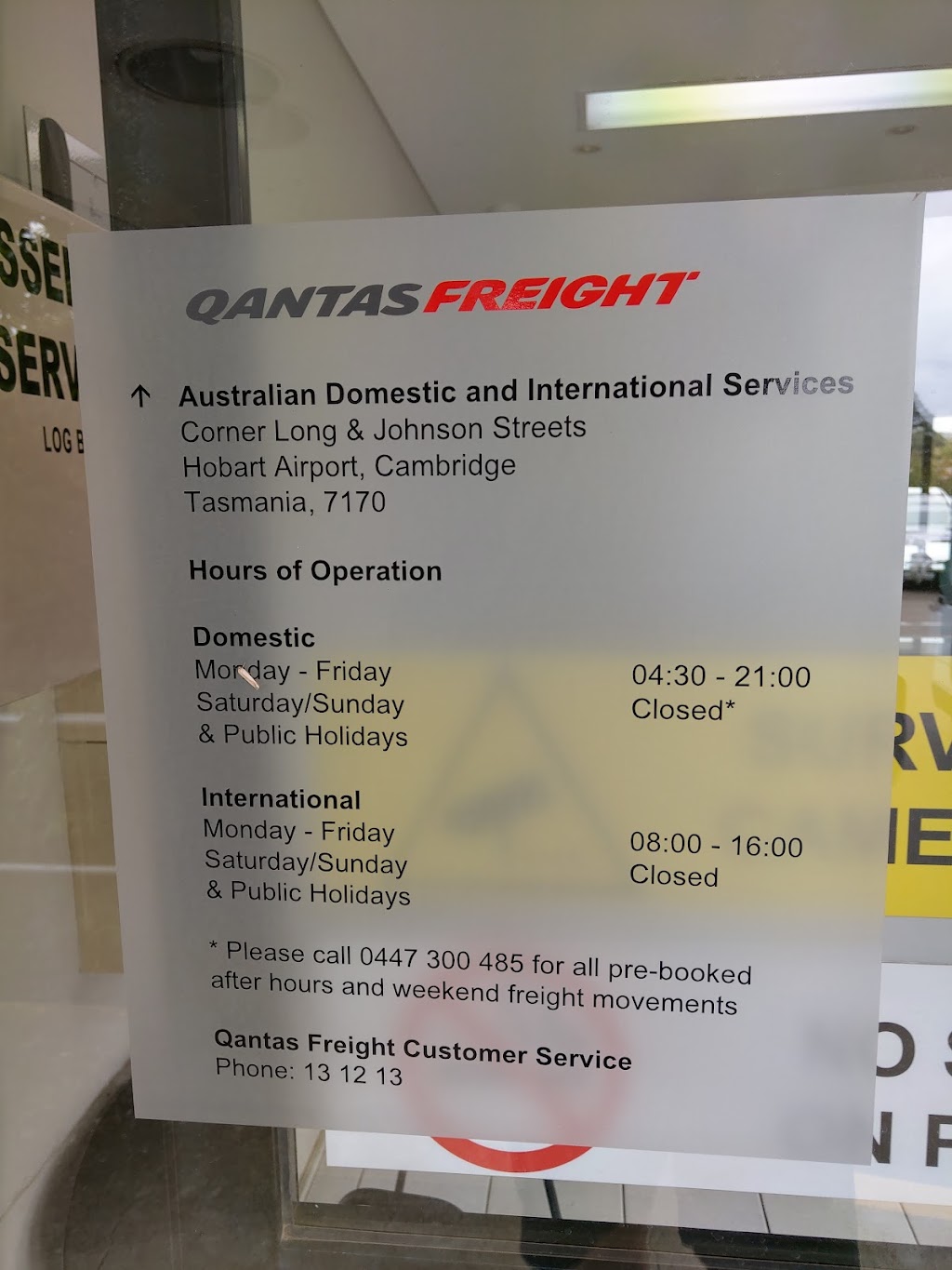 Qantas Freight Terminal Hobart | Cnr Long and Johnson Road, Hobart TAS 7018, Australia | Phone: 13 12 13
