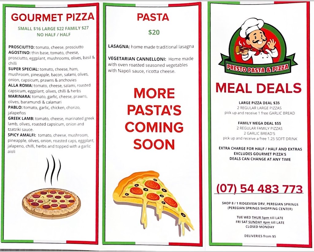 Presto Pasta & Pizza Peregian Springs | meal takeaway | 1 Ridgeview Dr, Peregian Springs QLD 4573, Australia | 0754483773 OR +61 7 5448 3773