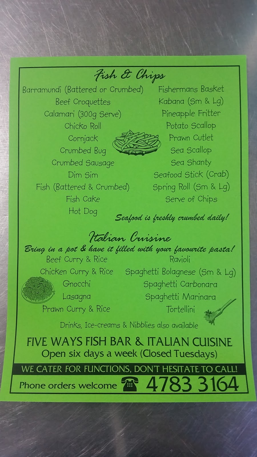 5 Ways Fish Bar and Italian Cuisine. | restaurant | 2 Norham Rd, Ayr QLD 4807, Australia | 0747833164 OR +61 7 4783 3164