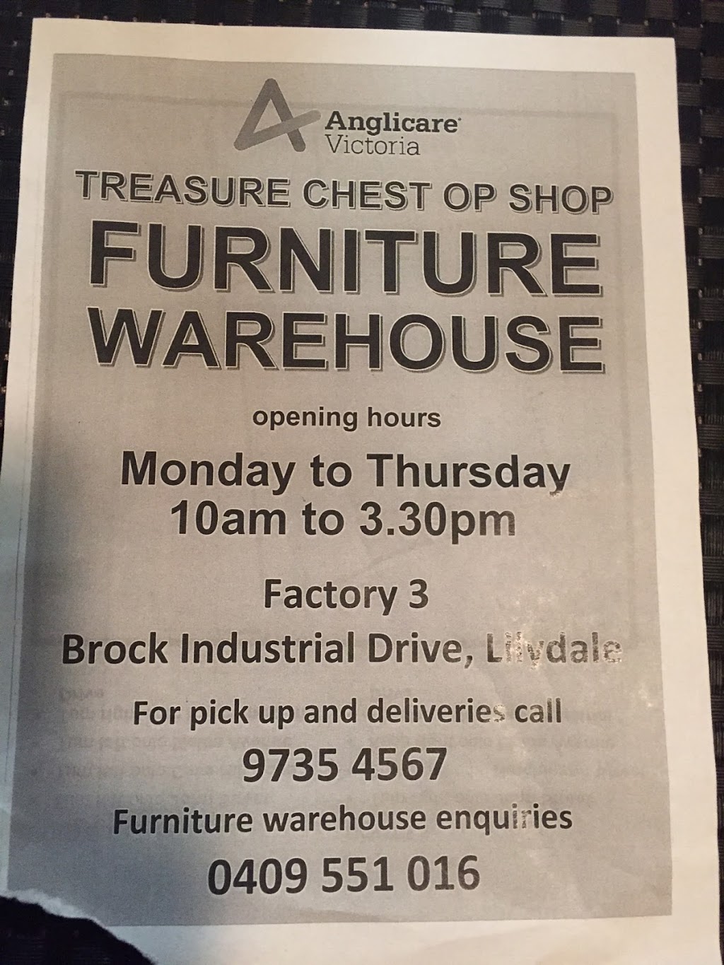 Anglicare Treasure Chest Op Shop Furniture Warehouse | furniture store | 3 Brock Industrial Dr, Lilydale VIC 3140, Australia