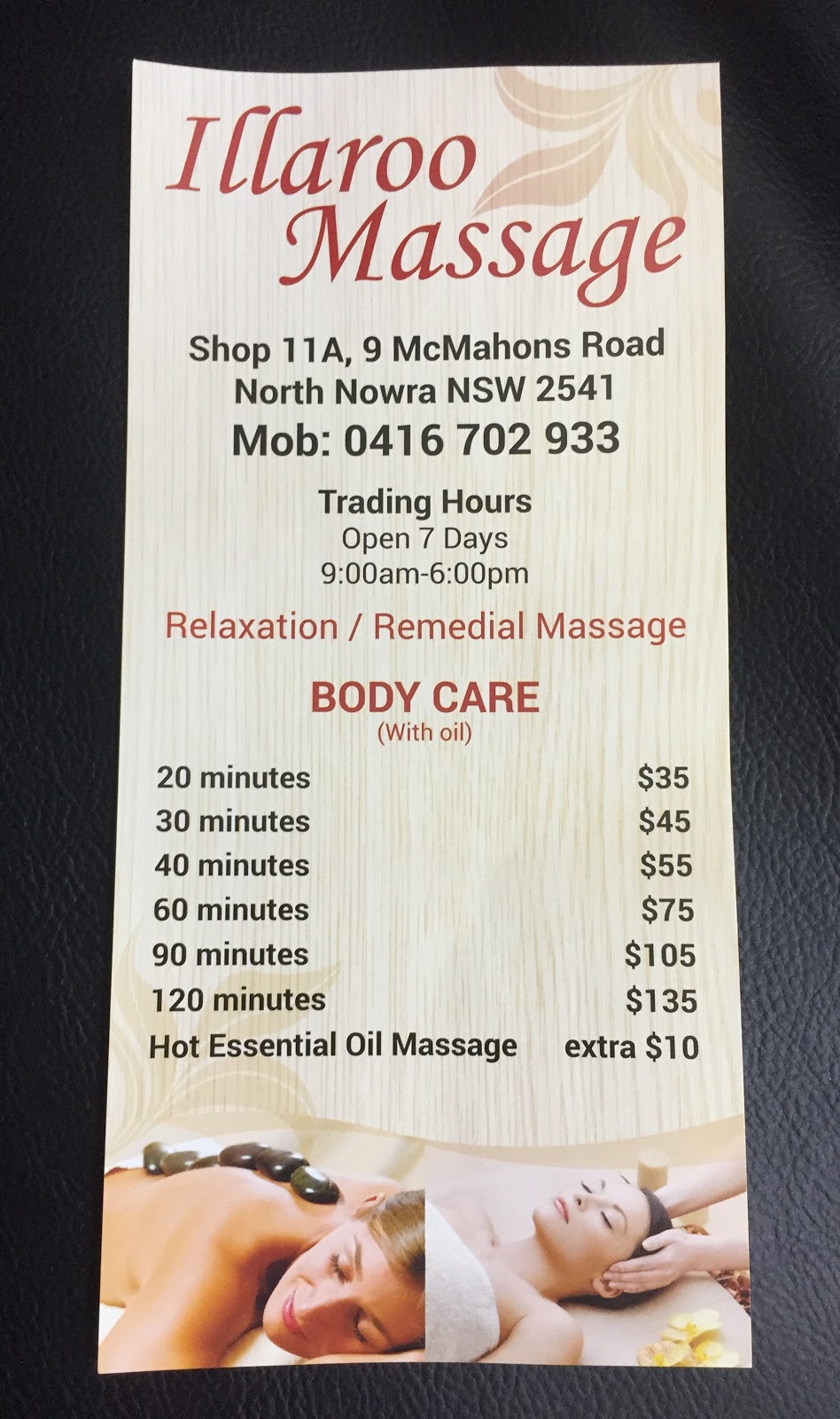 Illaroo Massage |  | Shop/11a Mcmahons Rd, North Nowra NSW 2541, Australia | 0416702933 OR +61 416 702 933
