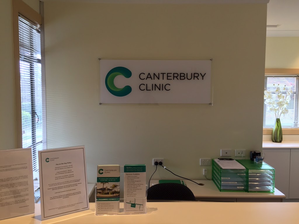 CANTERBURY CLINIC | hospital | 389 Canterbury Rd, Forest Hill VIC 3131, Australia | 0398730809 OR +61 3 9873 0809