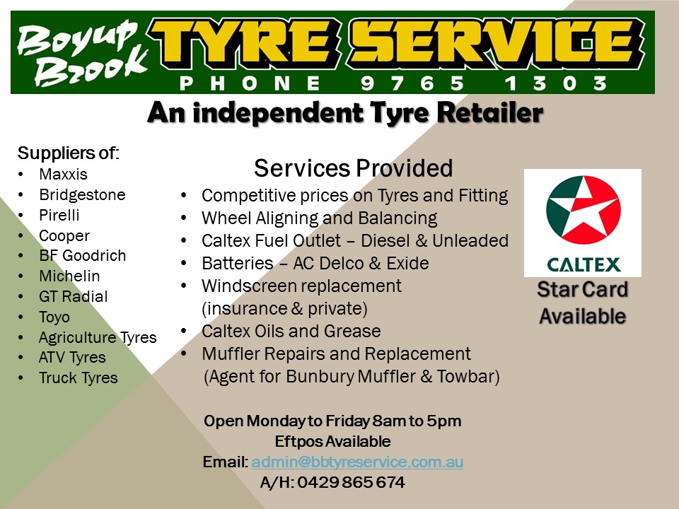 Boyup Brook Tyre Service | gas station | 33 Abel St, Boyup Brook WA 6244, Australia | 0897651303 OR +61 8 9765 1303