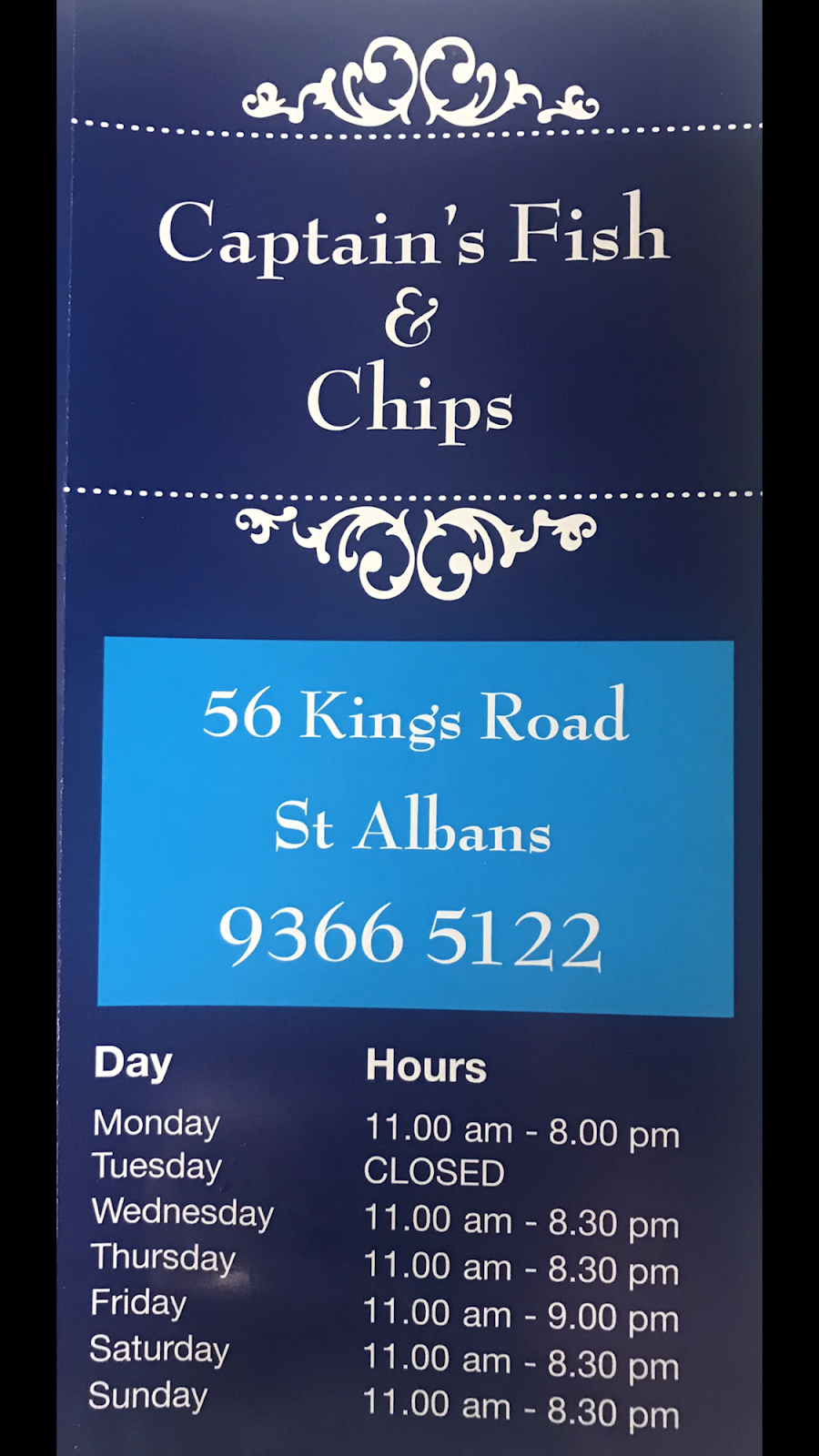 Captains Fish & Chips | restaurant | 56 Kings Rd, St Albans VIC 3021, Australia | 0393665122 OR +61 3 9366 5122