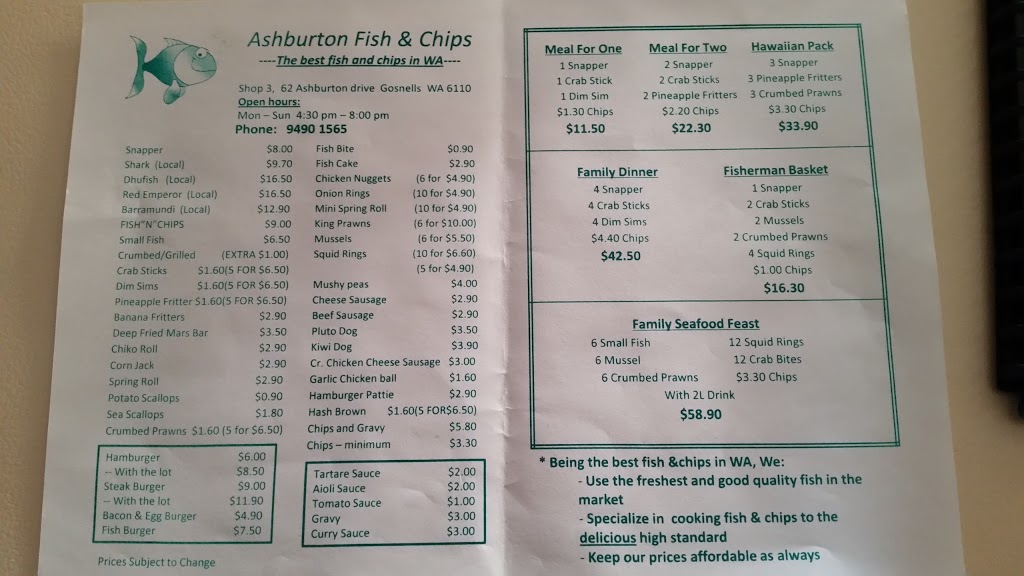 Ashburton Fish & Chips | meal takeaway | 3/62 Ashburton Dr, Gosnells WA 6110, Australia | 0894901565 OR +61 8 9490 1565