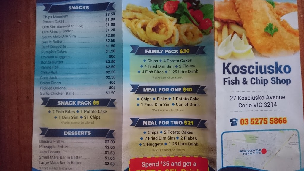Kosciusko Avenue Fish & Chips | 27 Kosciusko Ave, Corio VIC 3214, Australia | Phone: (03) 5275 5866