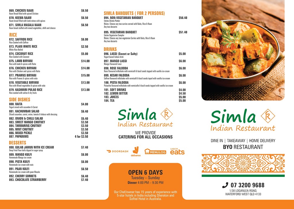 Simla Indian Restaurant | restaurant | shop 1/38 Loganlea Rd, Waterford West QLD 4133, Australia | 0732009688 OR +61 7 3200 9688