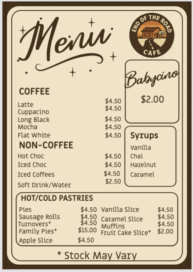 End of the Road Cafe | 197 Schrodter Rd, Wamuran QLD 4512, Australia | Phone: 0449 523 499