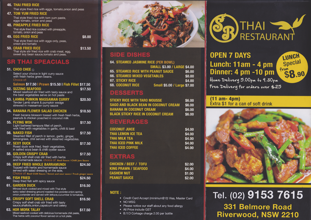 SR Thai Restaurant | meal delivery | 331 Belmore Rd, Riverwood NSW 2210, Australia | 0291537615 OR +61 2 9153 7615