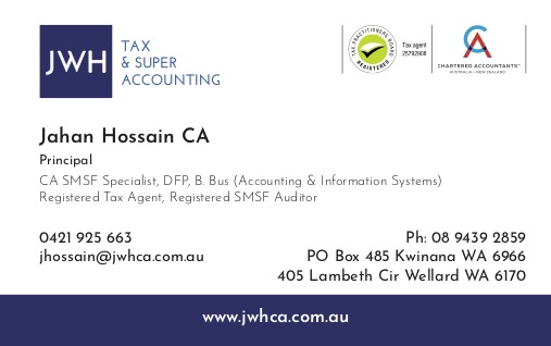 JWH Tax & Super Accounting | 405 Lambeth Cir, Wellard WA 6170, Australia | Phone: 0421 925 663