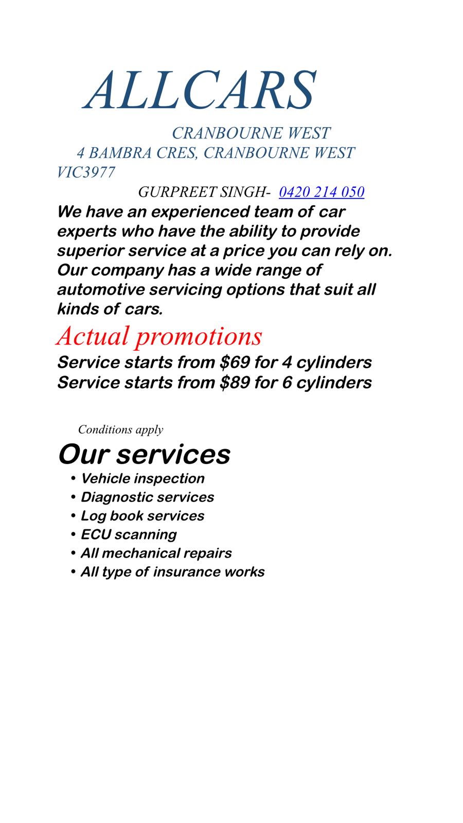 Allcars Cranbourne West | car repair | 4 bambra cresent, Cranbourne West VIC 3977, Australia | 0420330000 OR +61 420 330 000