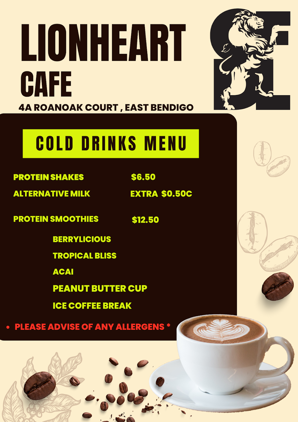 Lionheart Cafe | 4A Roanoak Ct, East Bendigo VIC 3550, Australia | Phone: 0402 347 280