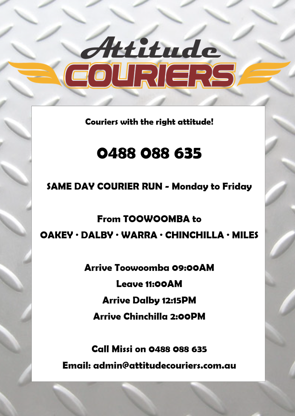 Attitude Couriers Dalby |  | 119 Bunya St, Dalby QLD 4405, Australia | 0488088635 OR +61 488 088 635