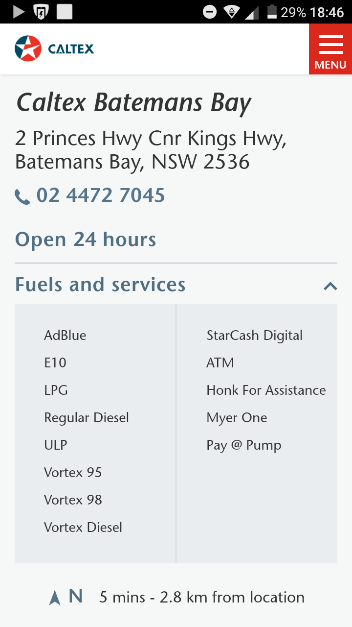 Caltex Batemans Bay | gas station | 2 Princes Hwy Cnr, Kings Hwy, Batemans Bay NSW 2536, Australia | 0244727045 OR +61 2 4472 7045