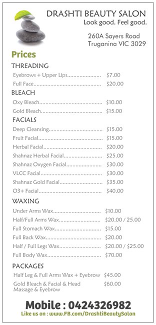 Drashti Beauty Salon | 260A Sayers Rd, Truganina VIC 3029, Australia | Phone: 0424 326 982