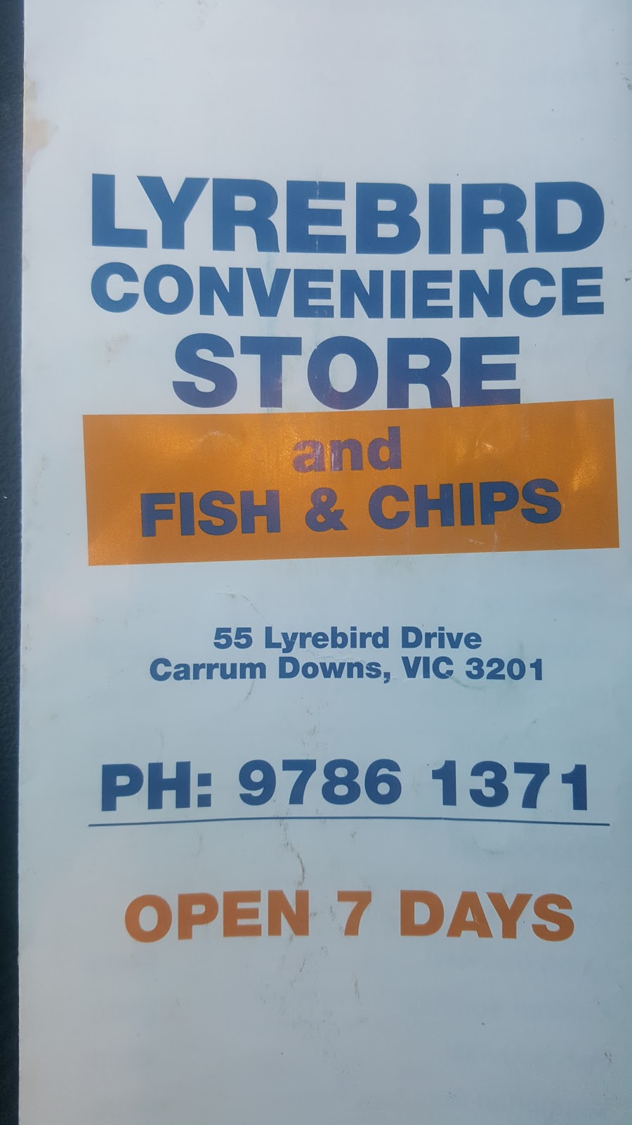 Lyrebird Fish n Chips and Convenience Store | convenience store | 55 Lyrebird Dr, Carrum Downs VIC 3201, Australia | 0397861371 OR +61 3 9786 1371