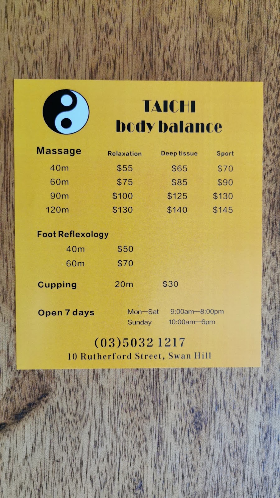 TAI CHI BODY BALANCE MASSAGE | spa | 10 Rutherford St, Swan Hill VIC 3585, Australia | 0350321217 OR +61 3 5032 1217
