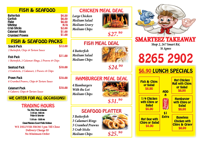 Smarteez Take-Away | meal takeaway | 267 Smart Rd, St Agnes SA 5097, Australia | 0882652902 OR +61 8 8265 2902